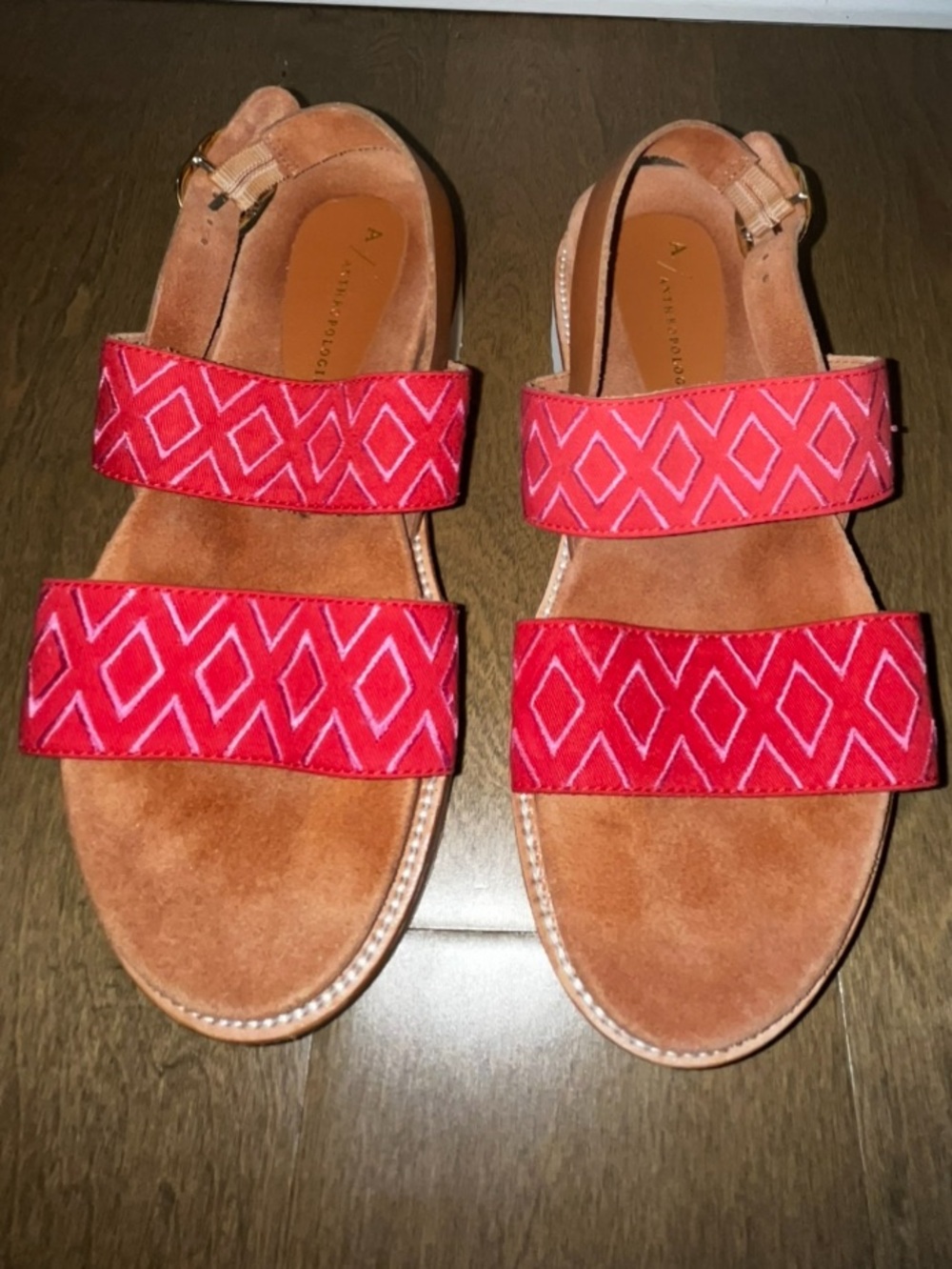 Anthropologie Red/Pink Strappy Flat Leather Sandals, Size 7